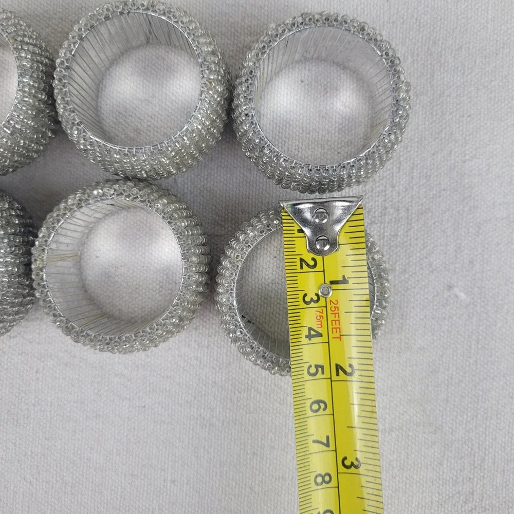 Set of 6 Silver Glass Beaded Napkin Rings Metallic‎ Textured Table Decor